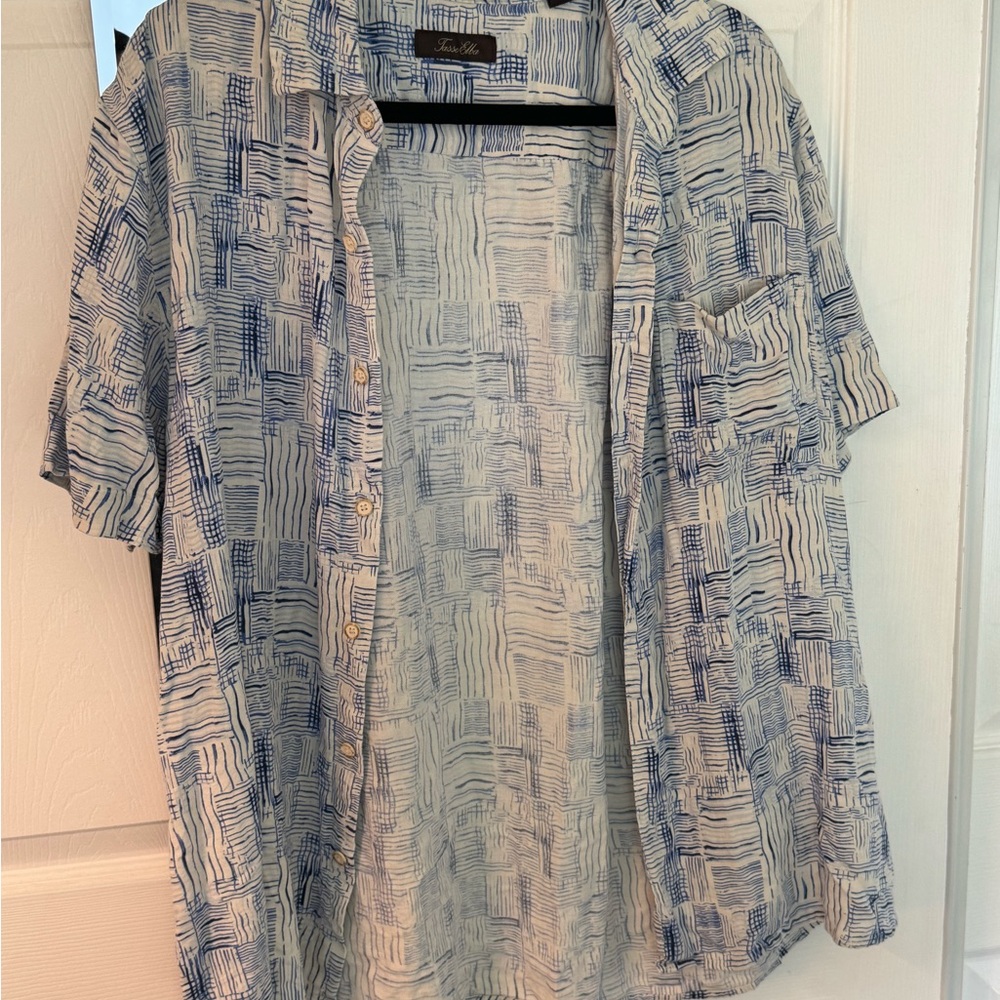Vintage Blue and White Button-Up Short Sleeve Menswear Shirt Urban Outfitters